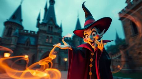 A captivating long exposure photograph depicts a charming and cute classic Disney villain casting a spell within an ancient c
