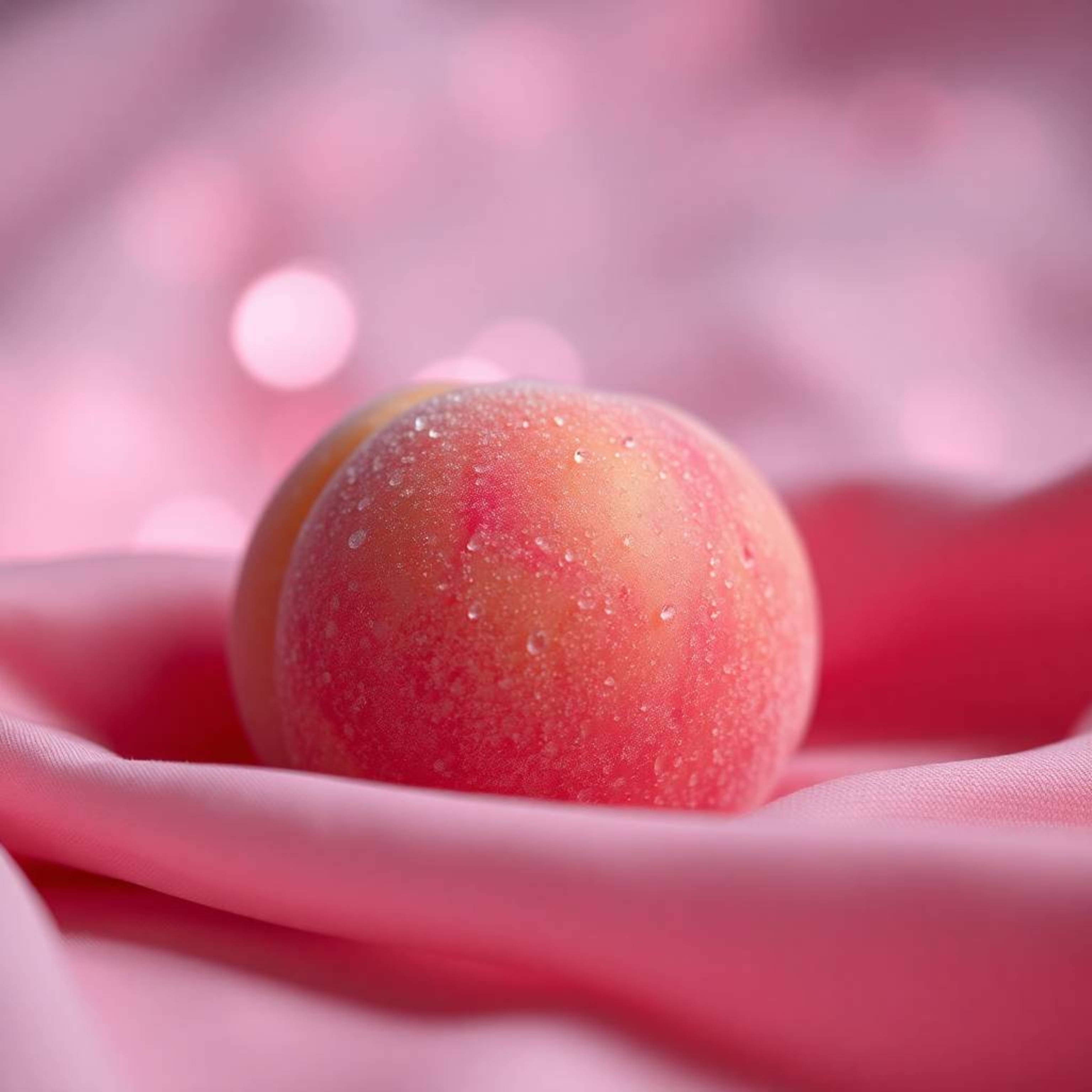 This image captures an eerie yet captivating atmosphere with a close-up ASMR aesthetic. A soft, blushing pink peach rests on