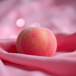 This image captures an eerie yet captivating atmosphere with a close-up ASMR aesthetic. A soft, blushing pink peach rests on 