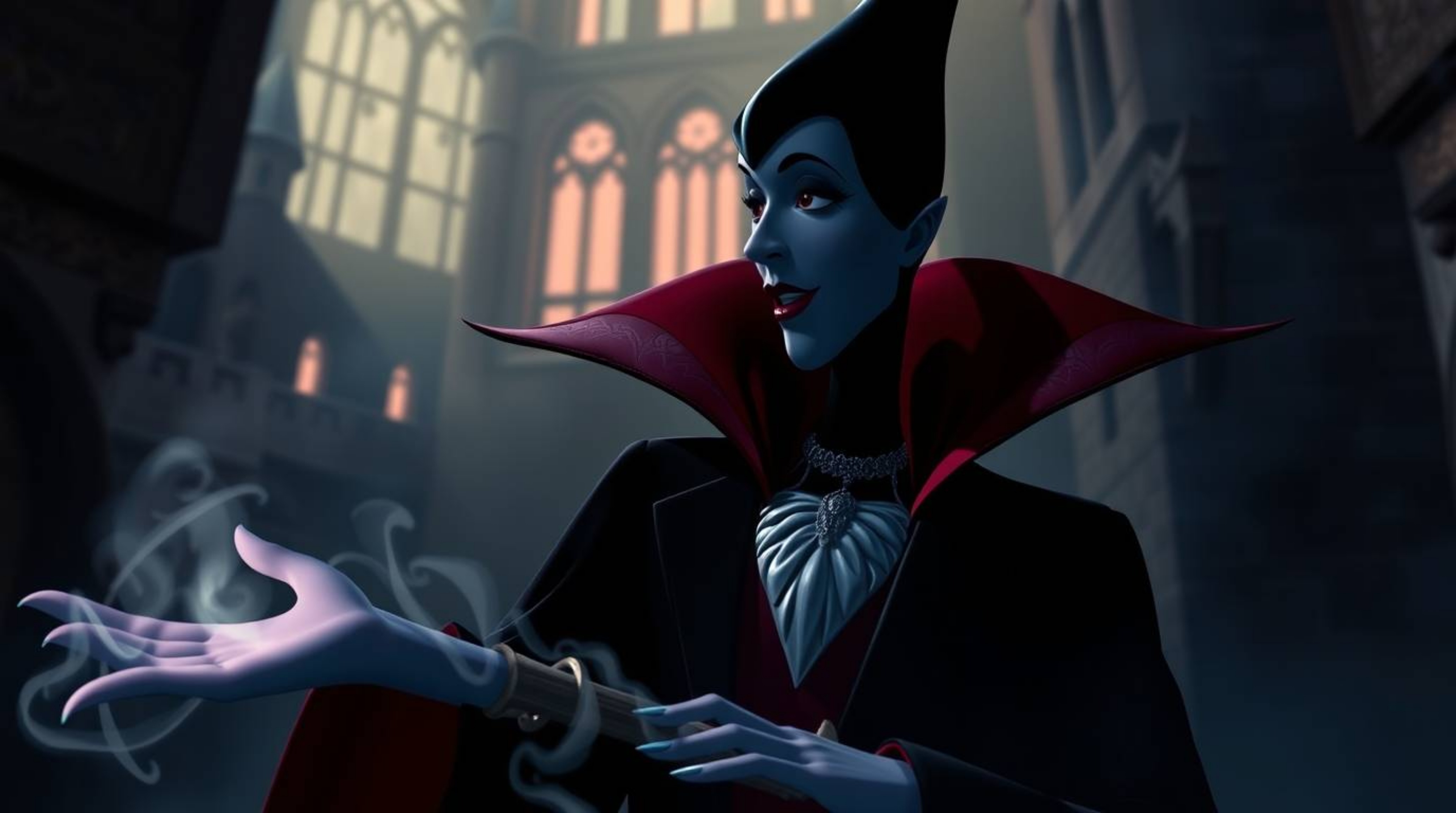 A sophisticated and elegant Disney villain casts a powerful spell within the aged walls of an old castle. The scene is bathed