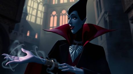 A sophisticated and elegant Disney villain casts a powerful spell within the aged walls of an old castle. The scene is bathed