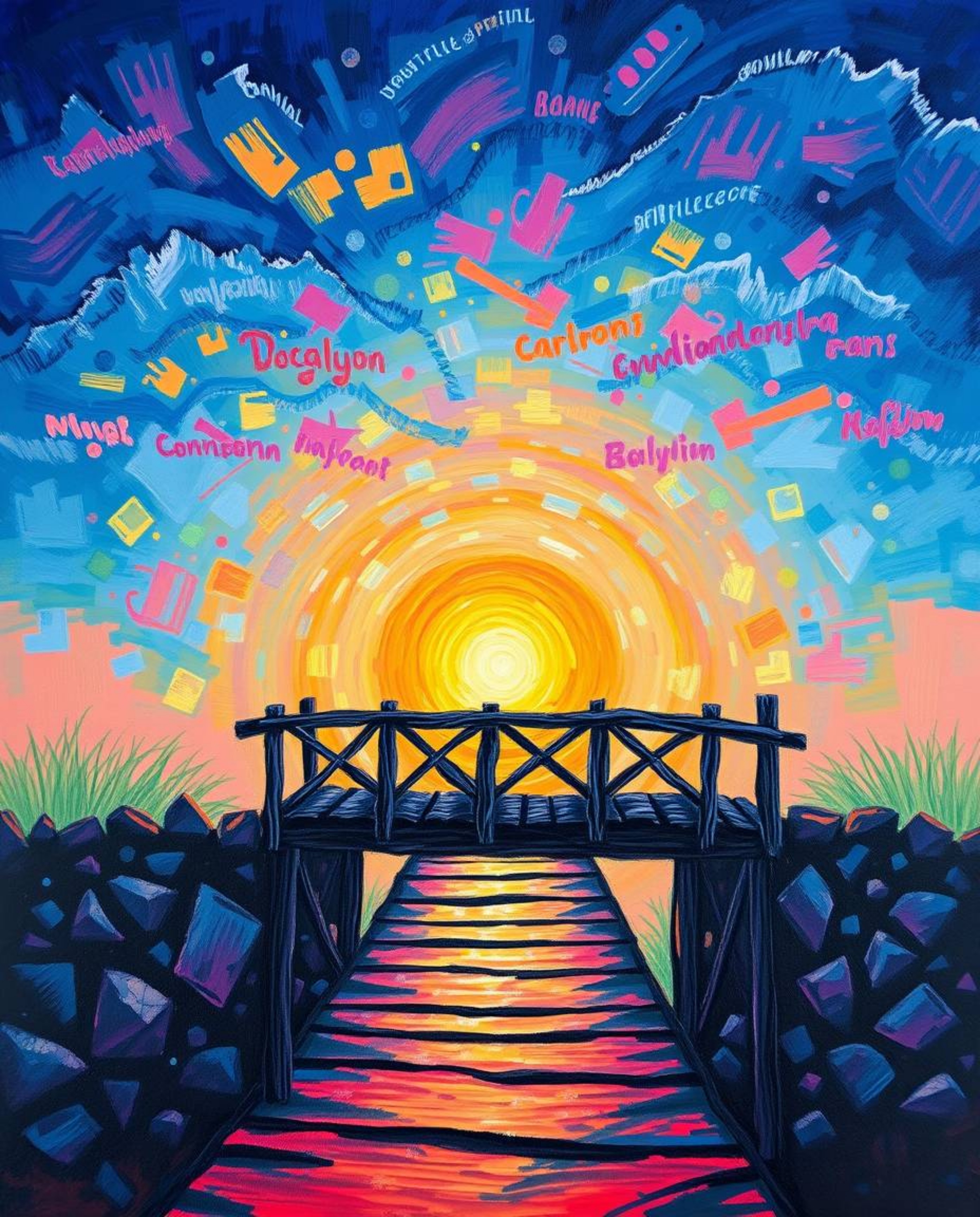An acrylic painting captures an old wooden bridge over a river at sunset, brought to life with vibrant colors and textured br