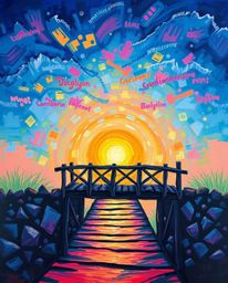 An acrylic painting captures an old wooden bridge over a river at sunset, brought to life with vibrant colors and textured br