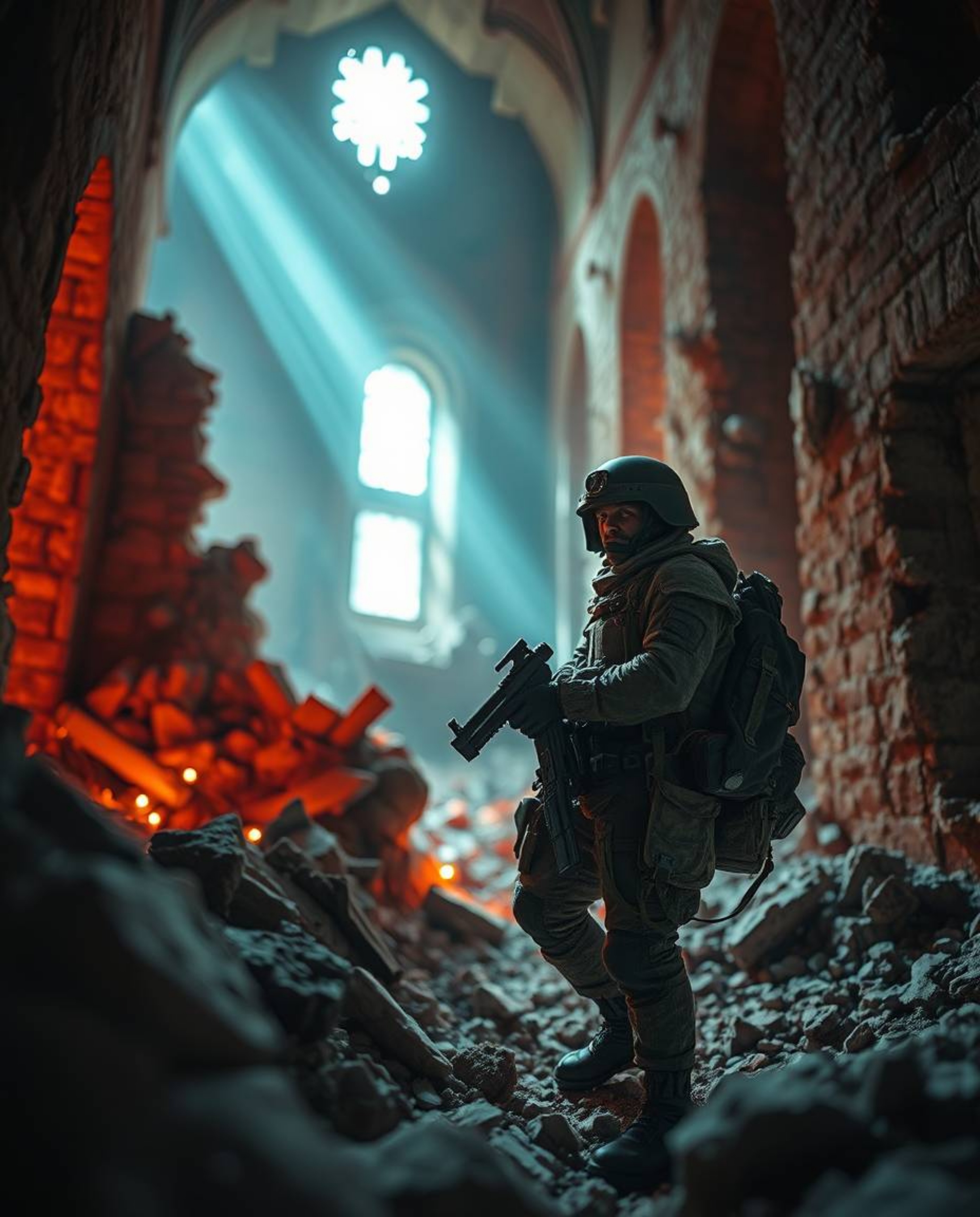 Explore a captivating macro world where creative light art illuminates the smallest details of a time-warped soldier amidst t