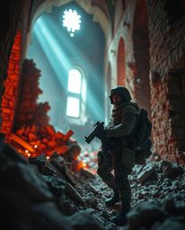 Explore a captivating macro world where creative light art illuminates the smallest details of a time-warped soldier amidst t