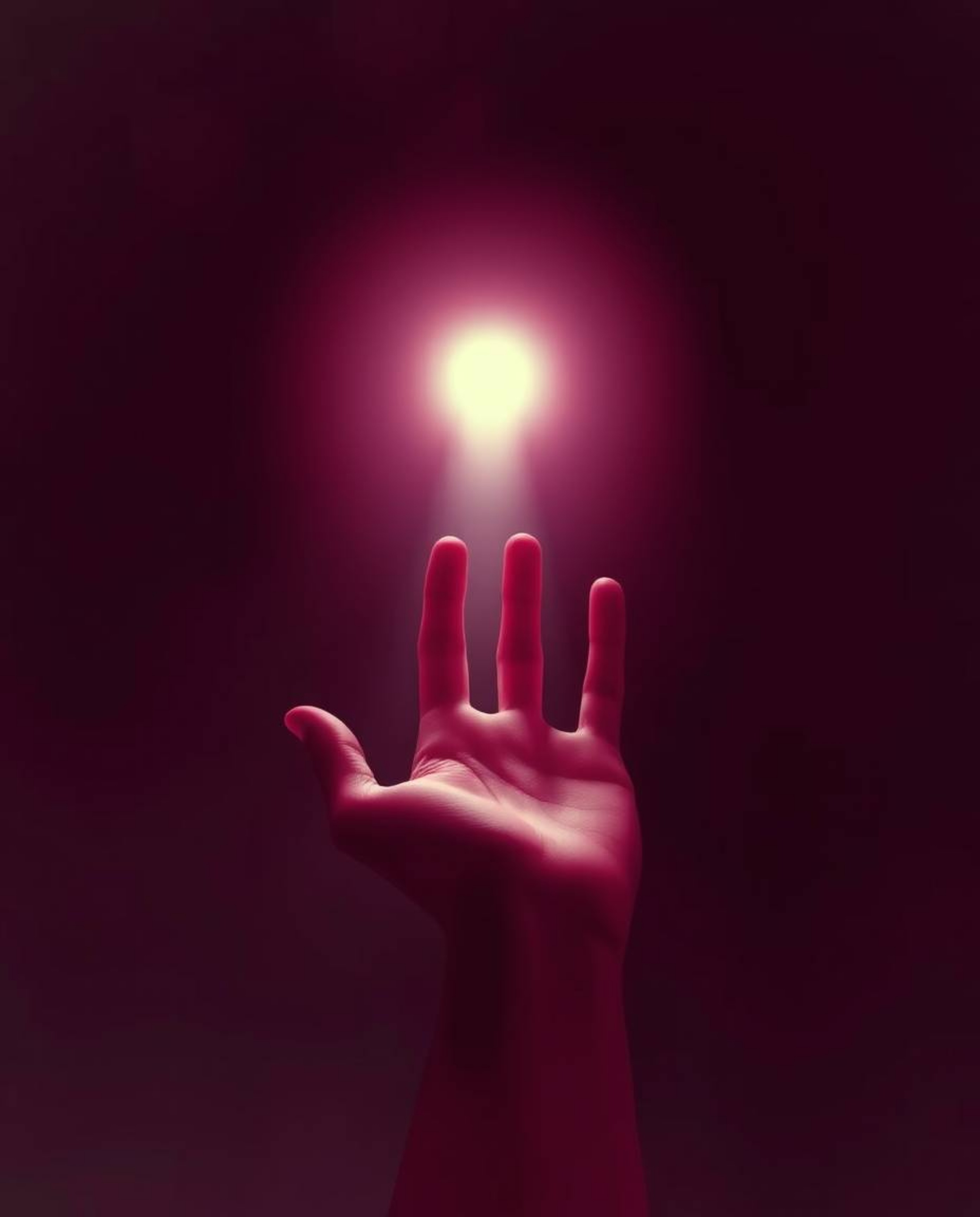 A surreal infrared image depicts a hand extending from darkness toward a light source. This modern flat design piece evokes a