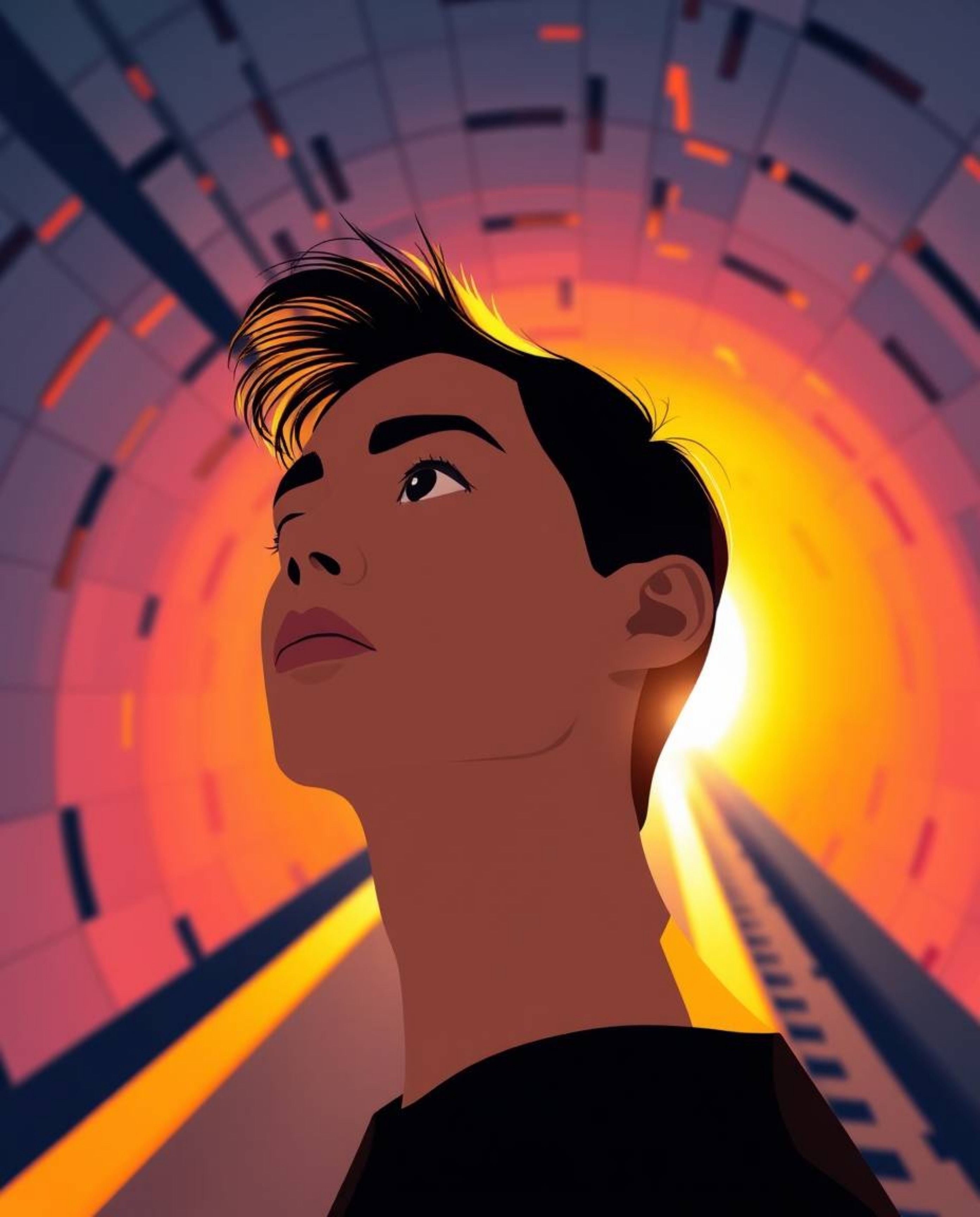 A captivating illustration showcases a stylized figure standing at a tunnel's entrance, gazing towards a radiant light source
