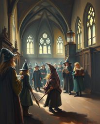 A classic oil painting captures the enchanting atmosphere of a magical school brimming with young wizards. The artwork featur