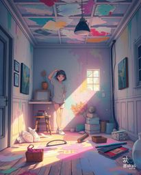 Experience an Isekai anime-style illustration showcasing a room exploding with vibrant paint. The scene boasts a soft, dreamy