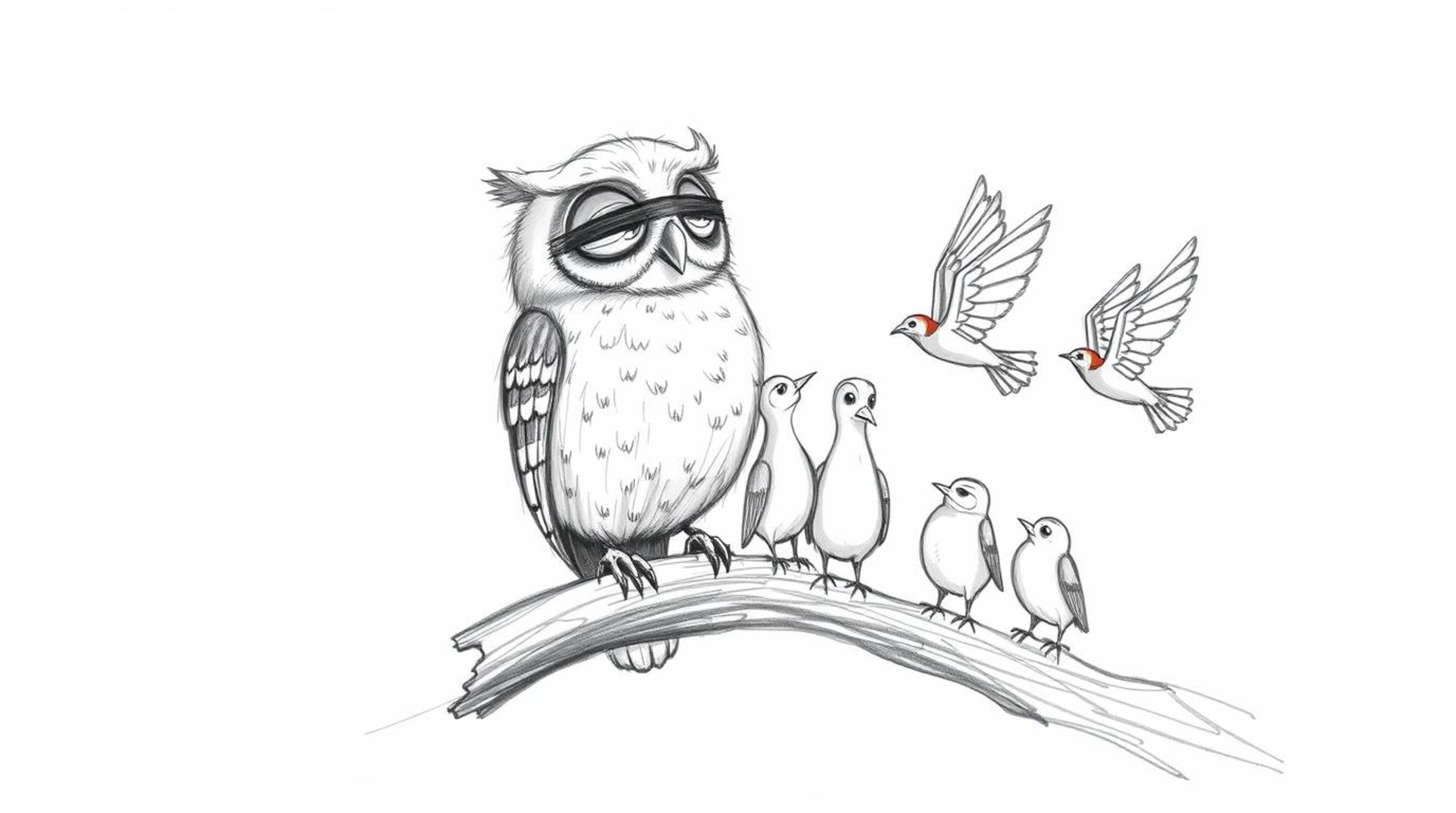 A heartwarming hand-drawn sketch, reminiscent of Pixar's style, portrays a blind owl with gentle, downy feathers perched on a