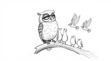 A heartwarming hand-drawn sketch, reminiscent of Pixar's style, portrays a blind owl with gentle, downy feathers perched on a