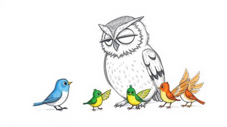 A heart-warming scene in Pixar style featuring a serene, blind owl gently guiding a group of small, colorful birds as they ac