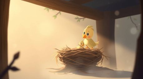 Experience a soft and dreamy animation featuring two cartoon birds diligently building their nest. Rendered in a classic ani
