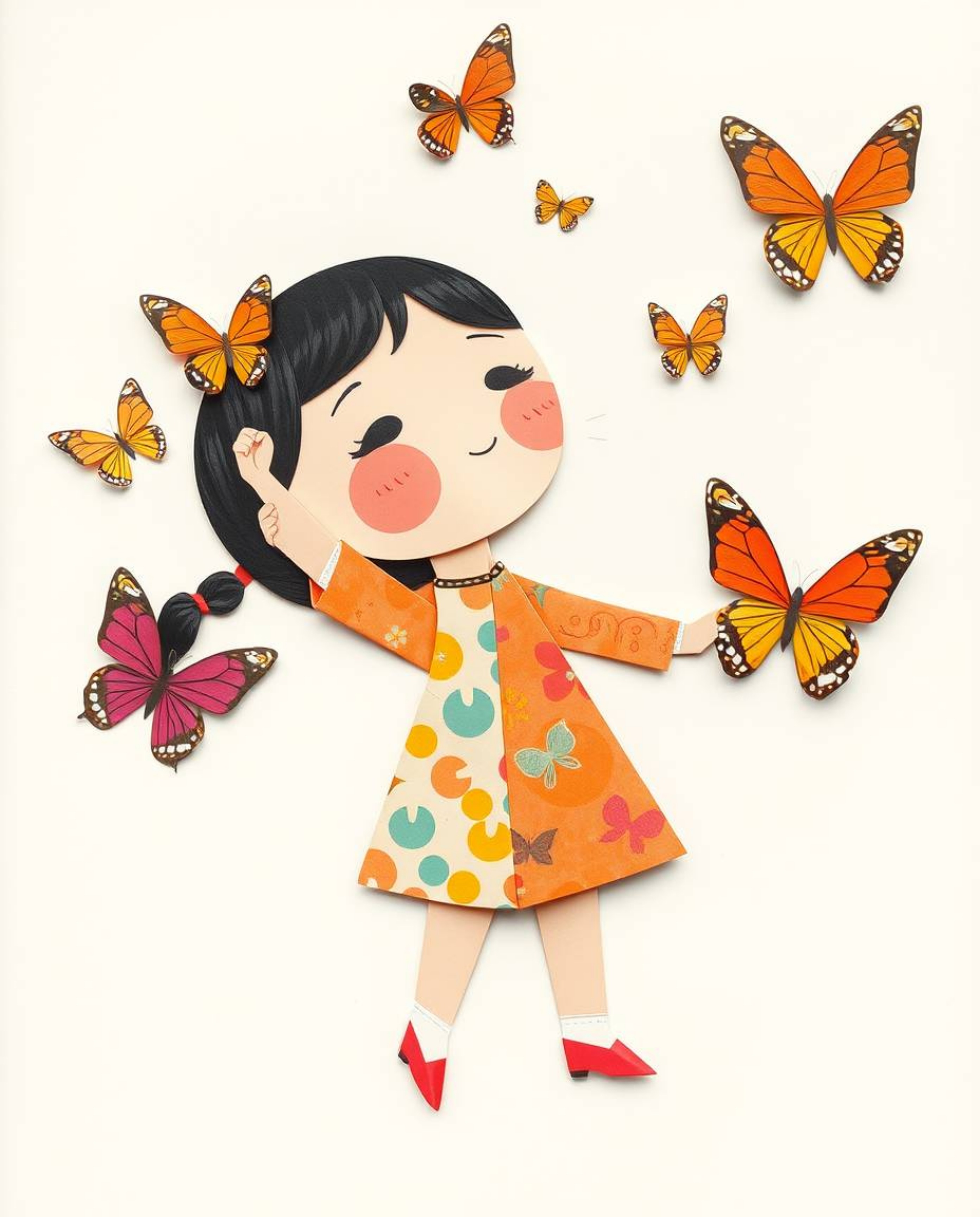 A charming origami-style illustration depicts an adorable girl releasing vibrant butterflies.  The image features a distinct 