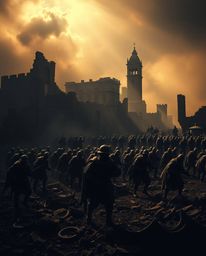 A dramatic and cinematic battlefield scene is presented, highlighted by contrasting chiaroscuro lighting that emphasizes the 
