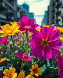 Experience the striking contrast of vibrant, complimentary colored flowers blooming in a tight close-up shot within a post-ap