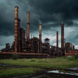 This image captures the essence of an industrial district, featuring rusting factories and towering smokestacks under a drama