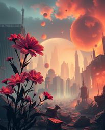 A unique logo design depicting flowers blooming resiliently in a post-apocalyptic cityscape, enhanced with vibrant glow light