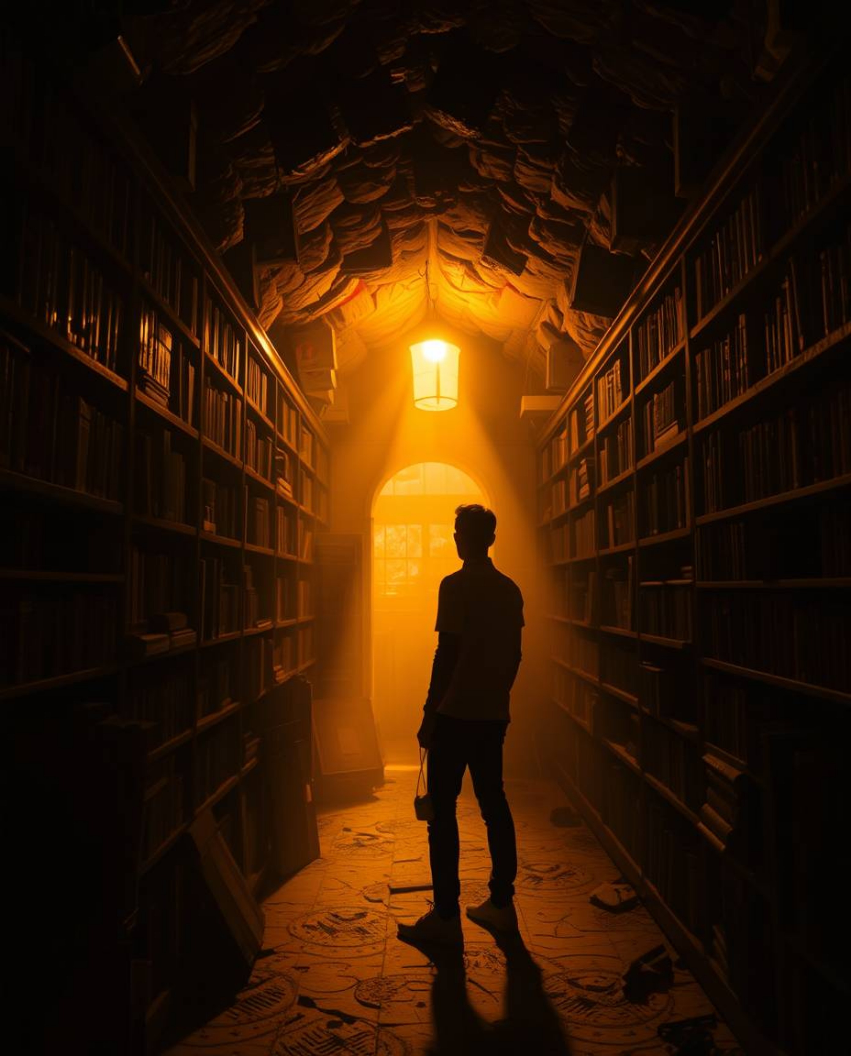 Imagine a person stumbling upon a secret underground library, bathed in a warm, inviting golden glow. The scene is filled wit