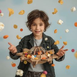 Exquisite high fashion photography captures a young boy with a fascinated expression and bright, curious eyes, building an in
