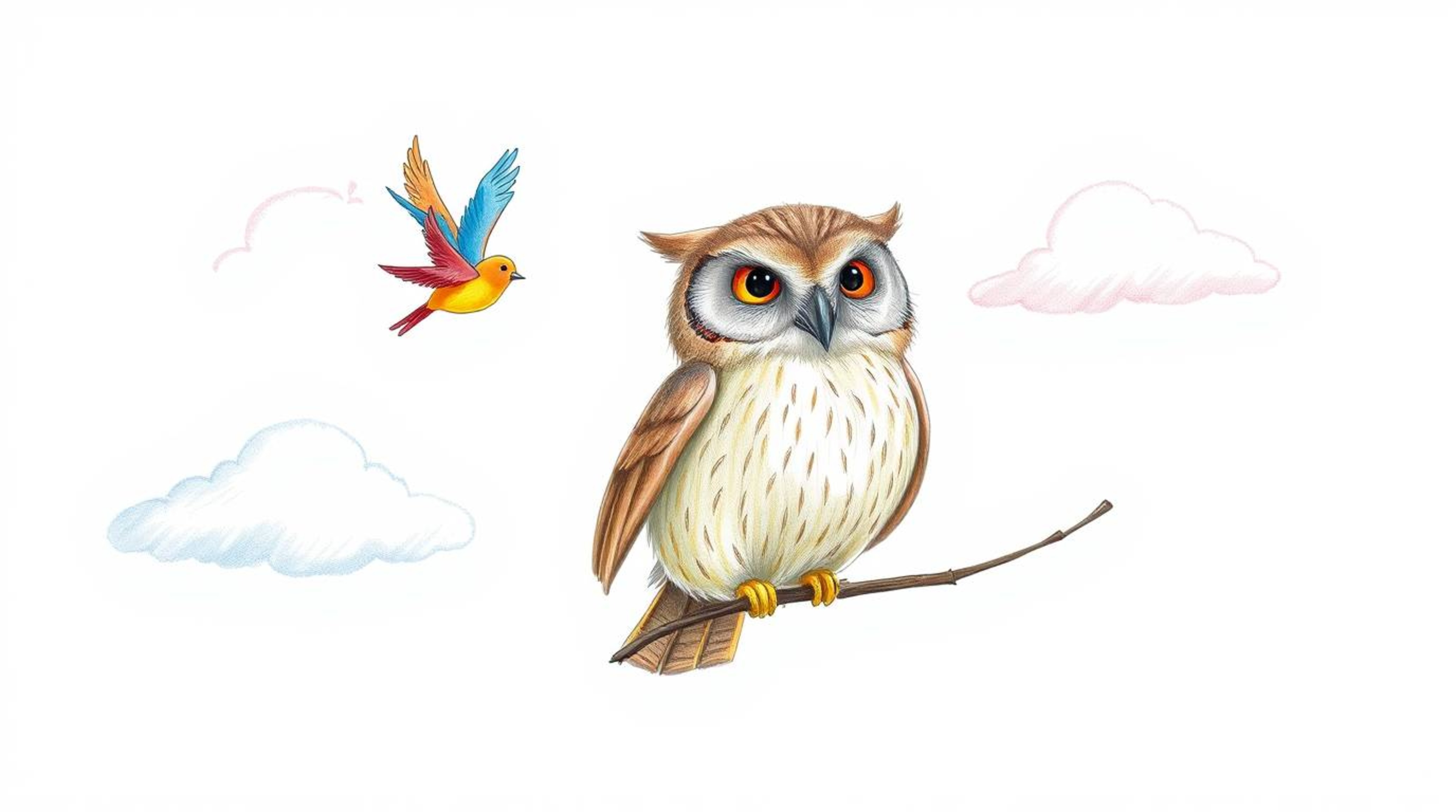 This is a hand-drawn sketch created in the heartwarming style of Pixar animation. It features a wise, blind owl with soft, br