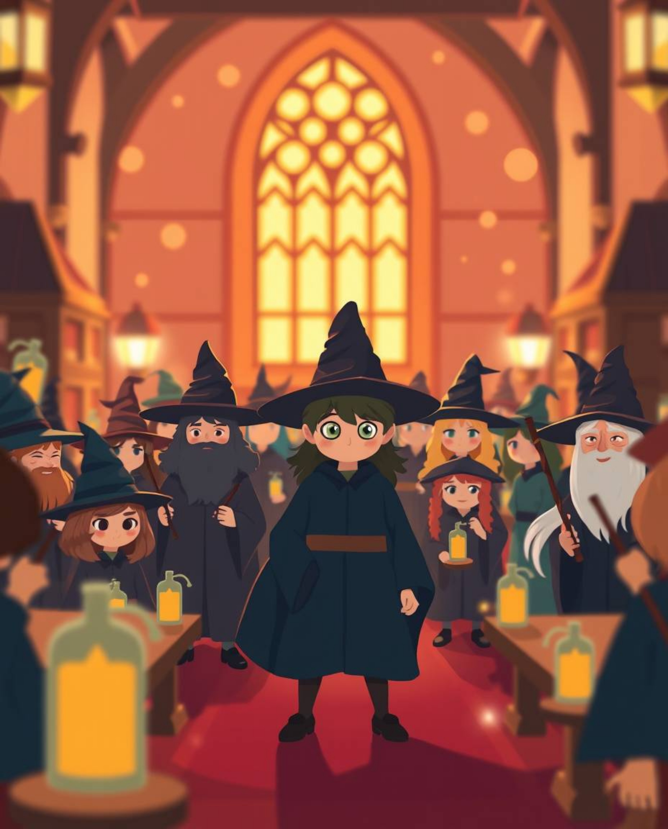 Discover a charming illustration of a magical school brimming with young wizards.  Rendered in a modern flat design with a wa