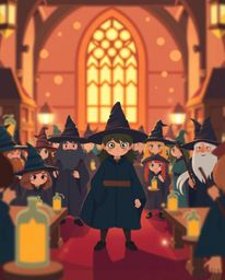 Discover a charming illustration of a magical school brimming with young wizards. Rendered in a modern flat design with a wa