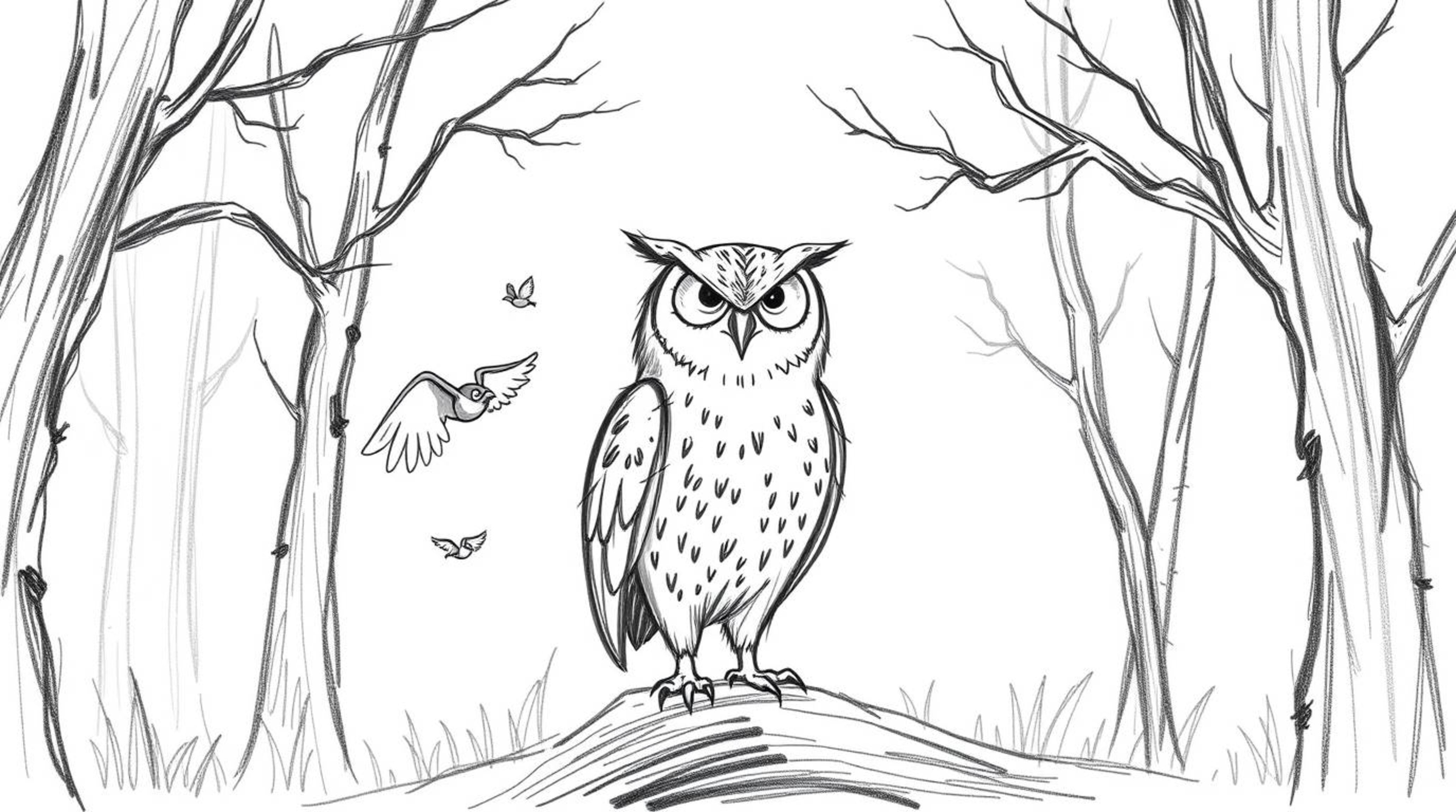 A charming hand-drawn sketch depicts a wise, blind owl patiently instructing small birds on the art of flight.  Rendered in t
