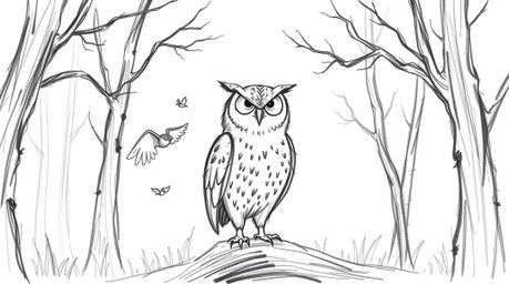 A charming hand-drawn sketch depicts a wise, blind owl patiently instructing small birds on the art of flight.  Rendered in t