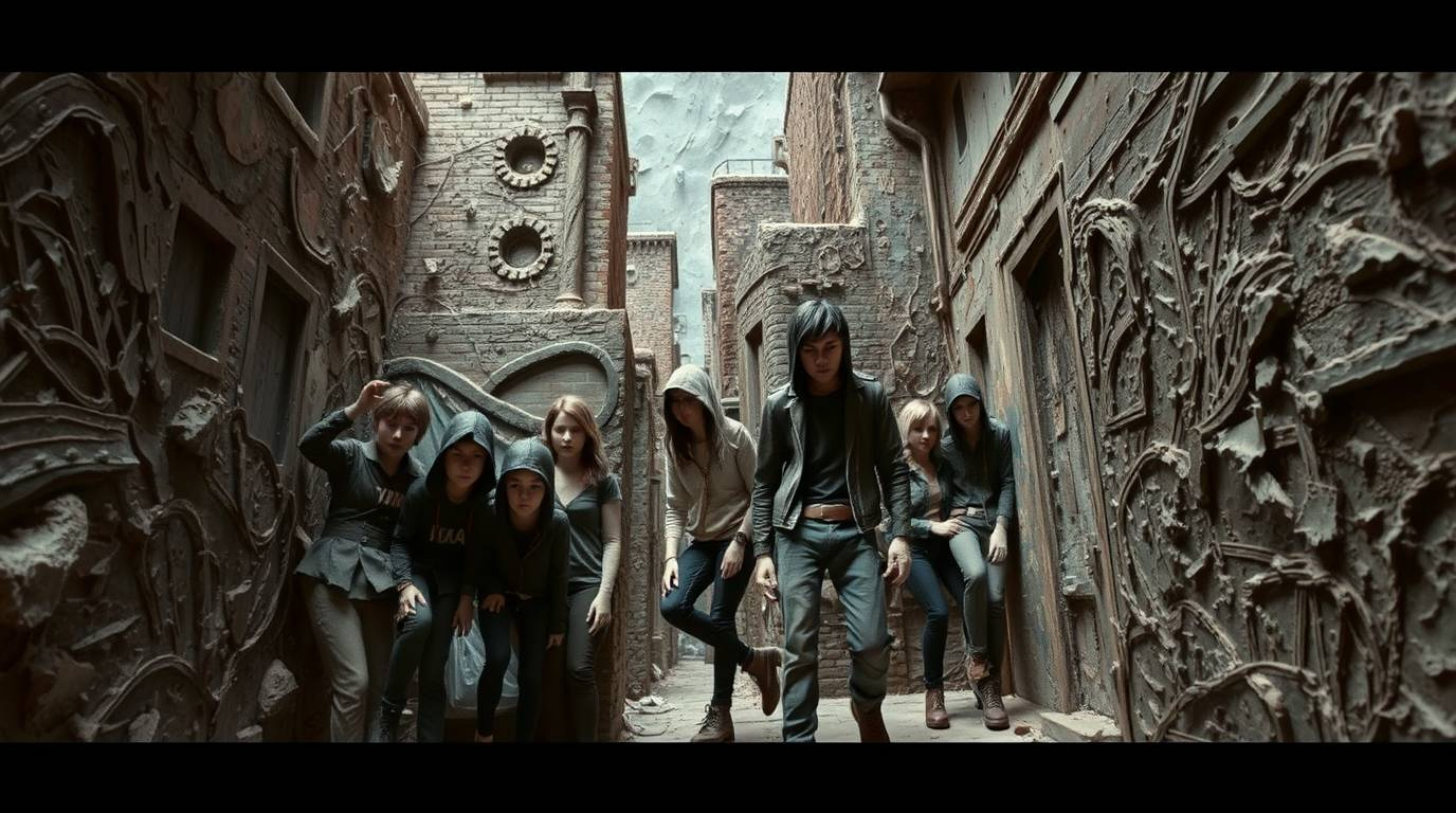 Discover a captivating papier-mâché artwork depicting a grungy city alley teeming with rebellious teens. The piece utilizes