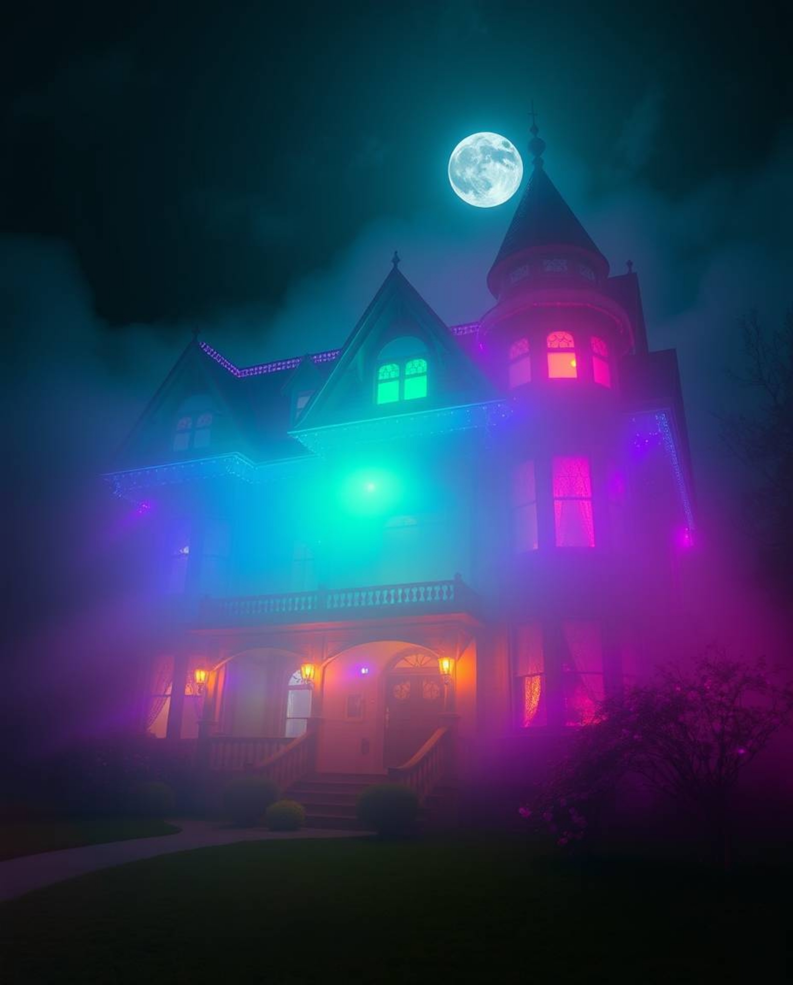 Imagine a fog-shrouded Victorian mansion bathed in the ethereal glow of moonlight, but with a twist. Bioluminescent colors da
