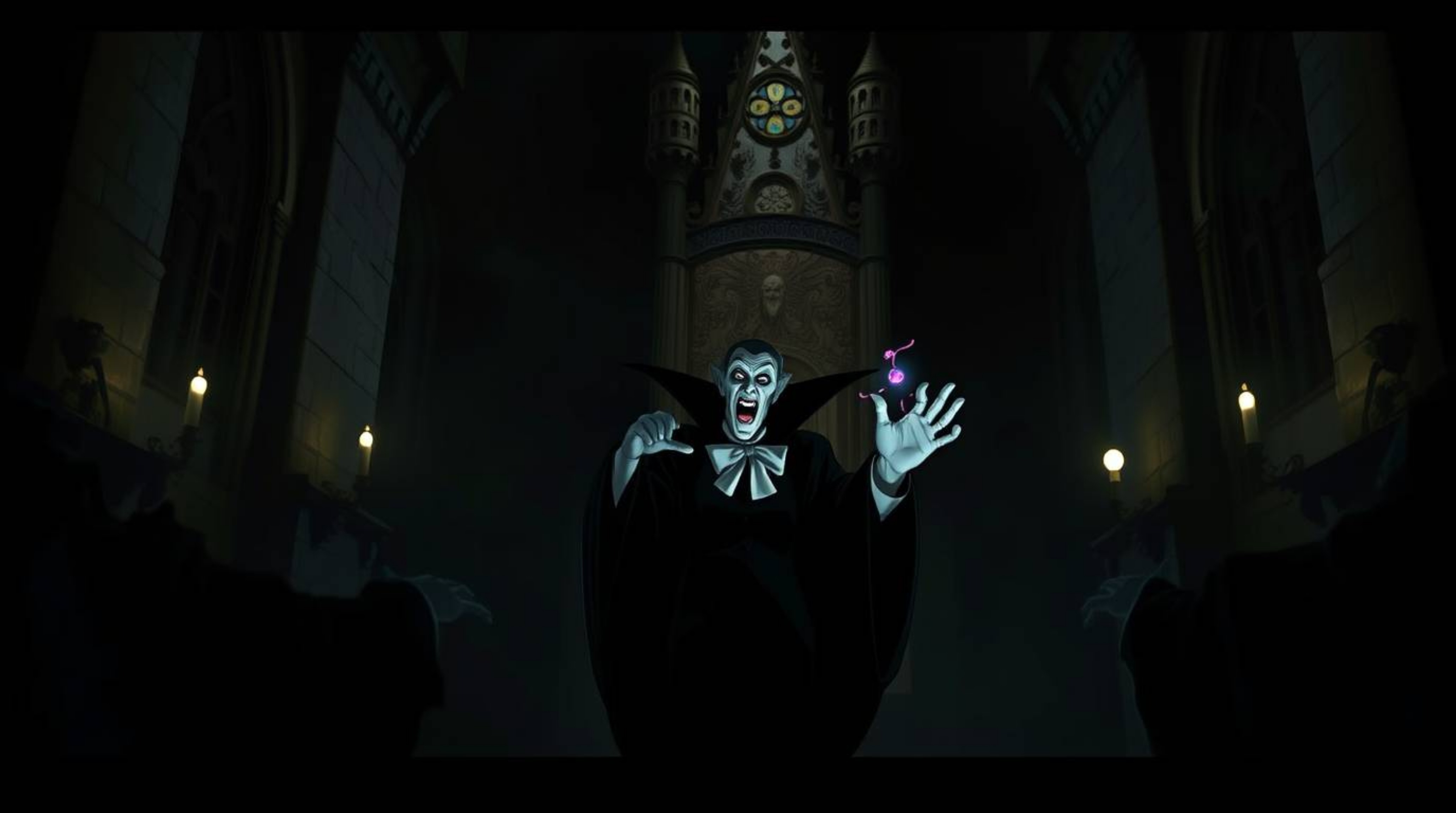 A chilling image depicting a classic Disney villain casting a spell within a foreboding castle.  The scene is rendered in dra