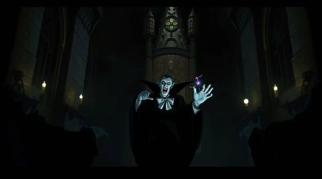 A chilling image depicting a classic Disney villain casting a spell within a foreboding castle.  The scene is rendered in dra