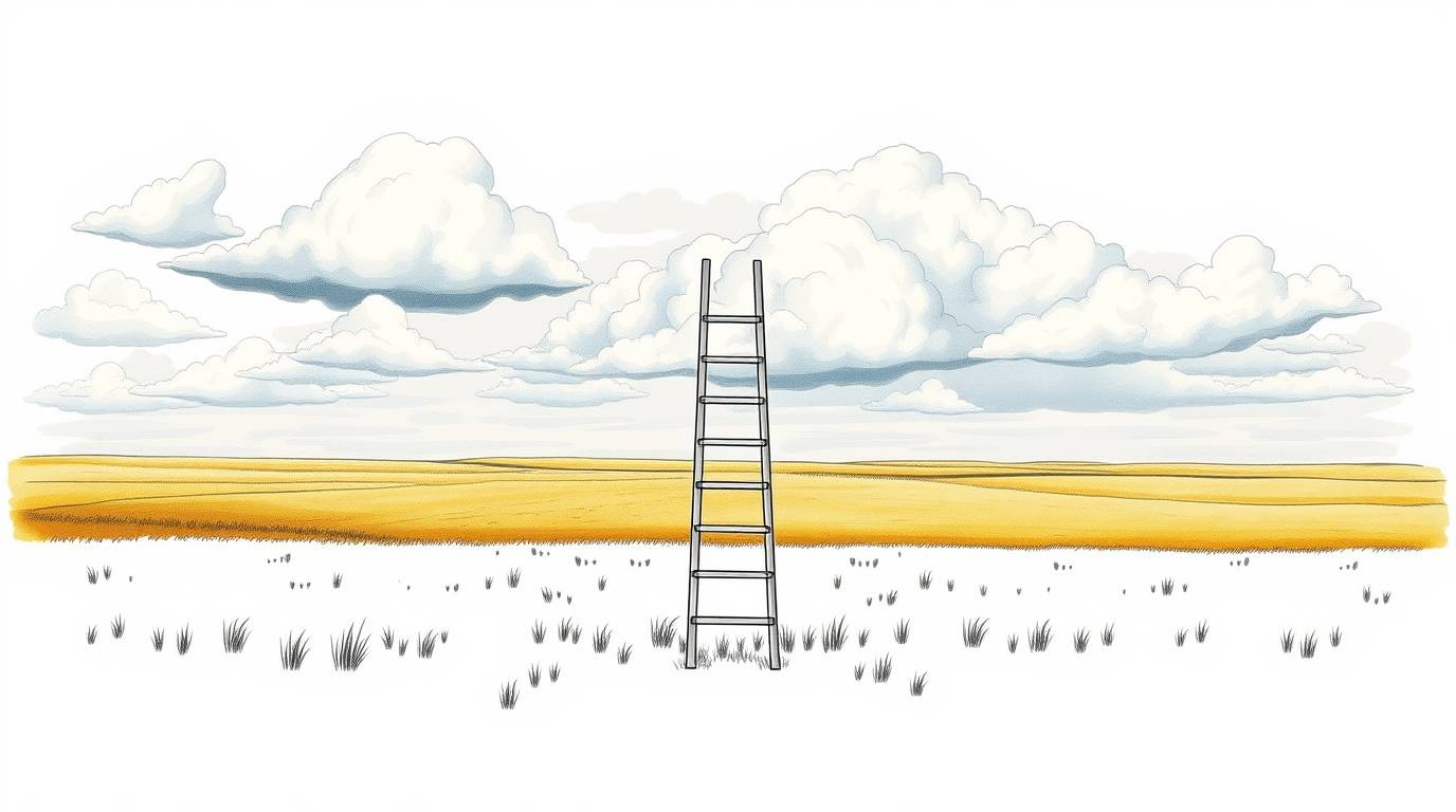 Explore a minimalist tattoo design featuring a silver ladder standing in an open field under a wide, cloudy sky, creating an 