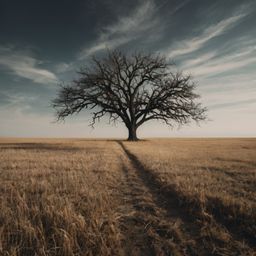 A minimalist sketch capturing the essence of a lone tree in an expansive, barren field. The artwork emphasizes bold strokes a