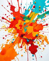 Experience a vibrant explosion of colorful paint splashes across a pristine white canvas. This high-detail abstract art piece