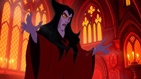 A classic Disney villain with long dark hair is captured casting a spell within a warm-lit, old castle, bathed in reds, orang