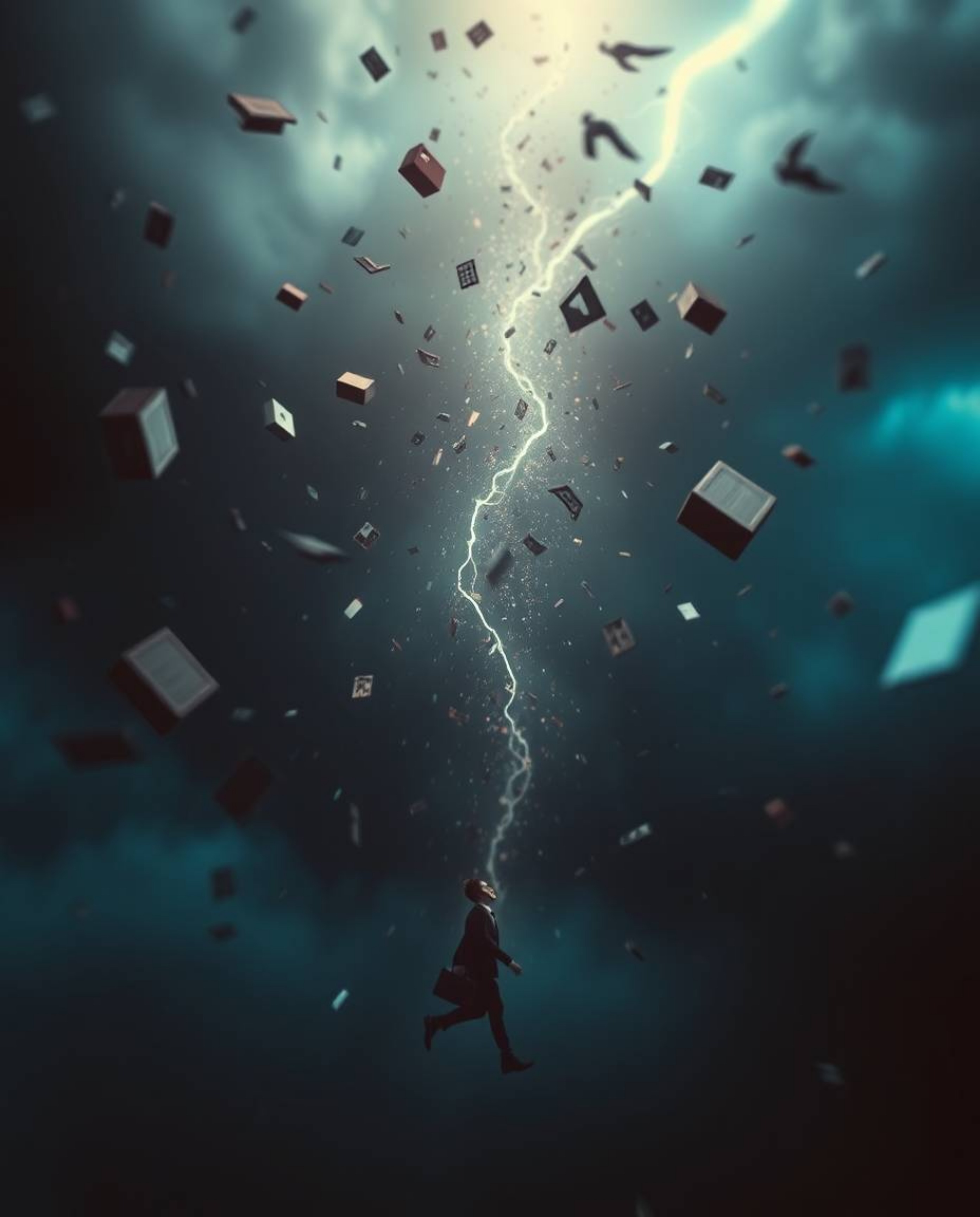 Experience a surreal storm scene filled with flying objects and defying gravity, bathed in the rich hues of burgundy and deep