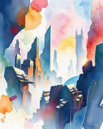A stunning watercolor painting depicts an epic, modern, futuristic scene.  The artwork features abstract shapes with glitch e
