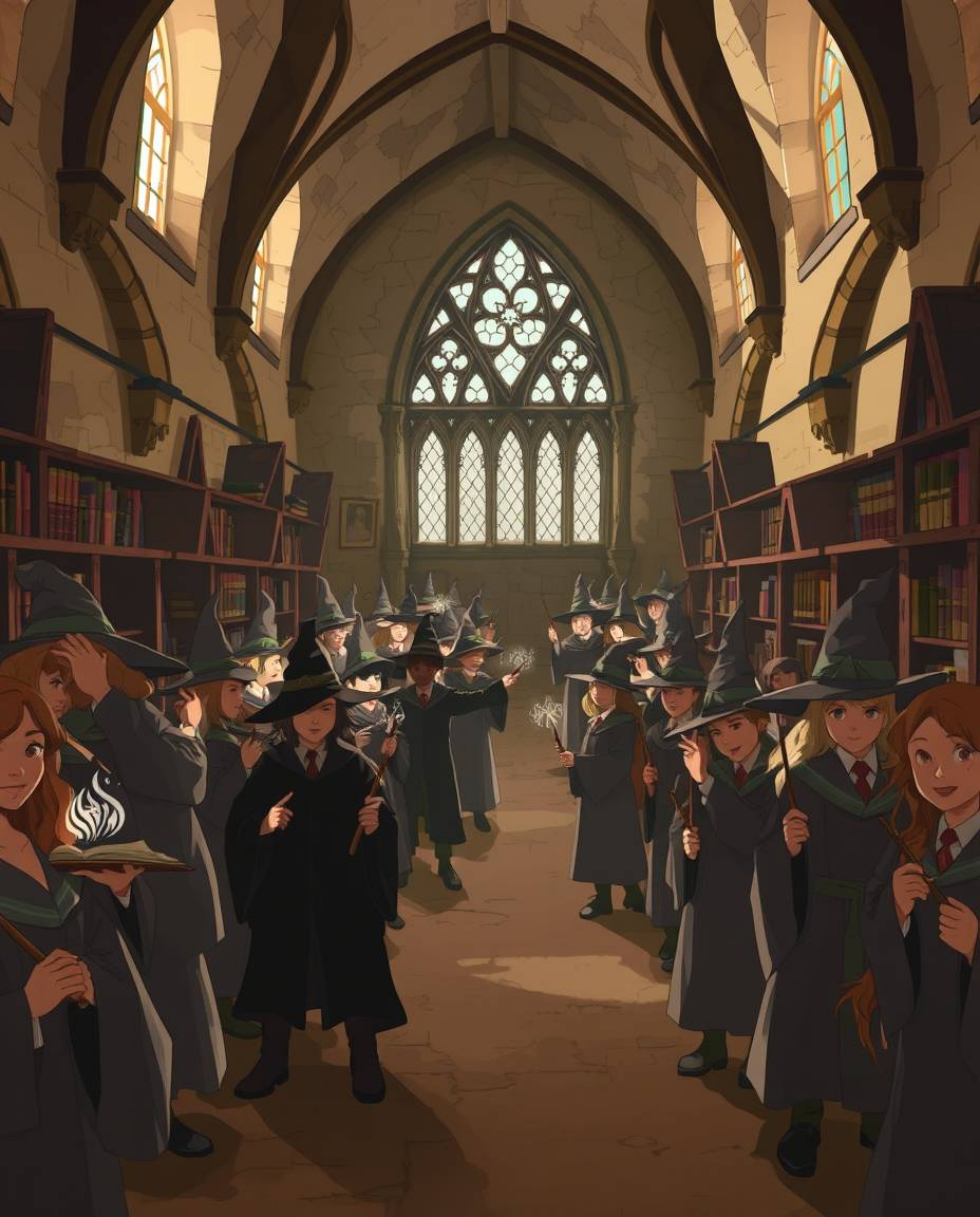 Immerse yourself in a cinematic-style illustration depicting a magical school brimming with young wizards.  Rendered in natur