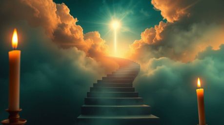 A warm candlelit scene captures a surreal stairway suspended in mid-air, gracefully winding through smoky clouds toward a bri