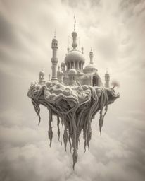 Explore a surreal and otherworldly floating island boasting strange architecture, captured in extreme close-up with infrared 