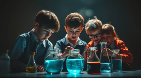 A captivating image featuring high-contrast, low-key lighting, showcasing a group of quirky children in school uniforms engag