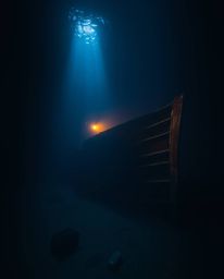 Discover breathtaking fine art photography of a shipwreck illuminated deep underwater.  The image features warm, soft light, 