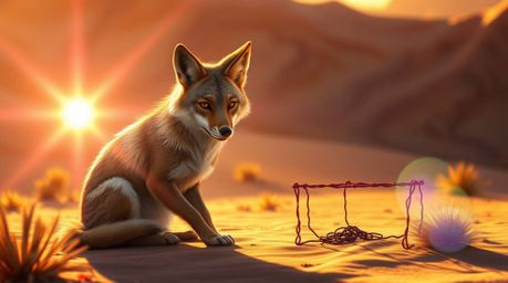 This digital painting depicts a coyote skillfully setting a trap in a vast desert landscape bathed in warm golden light. The 