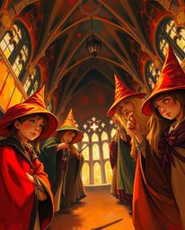 A captivating high-angle painting depicts a magical school brimming with young wizards.  The warm-toned artwork, featuring re