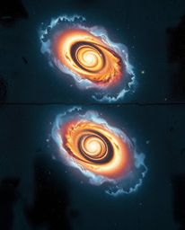 Experience the breathtaking beauty of colliding galaxies from a unique top-down, bird's-eye perspective, set against a wet an