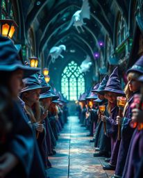 Explore a dreamlike and surreal macro world within a magical school teeming with young wizards. This close-up image features 
