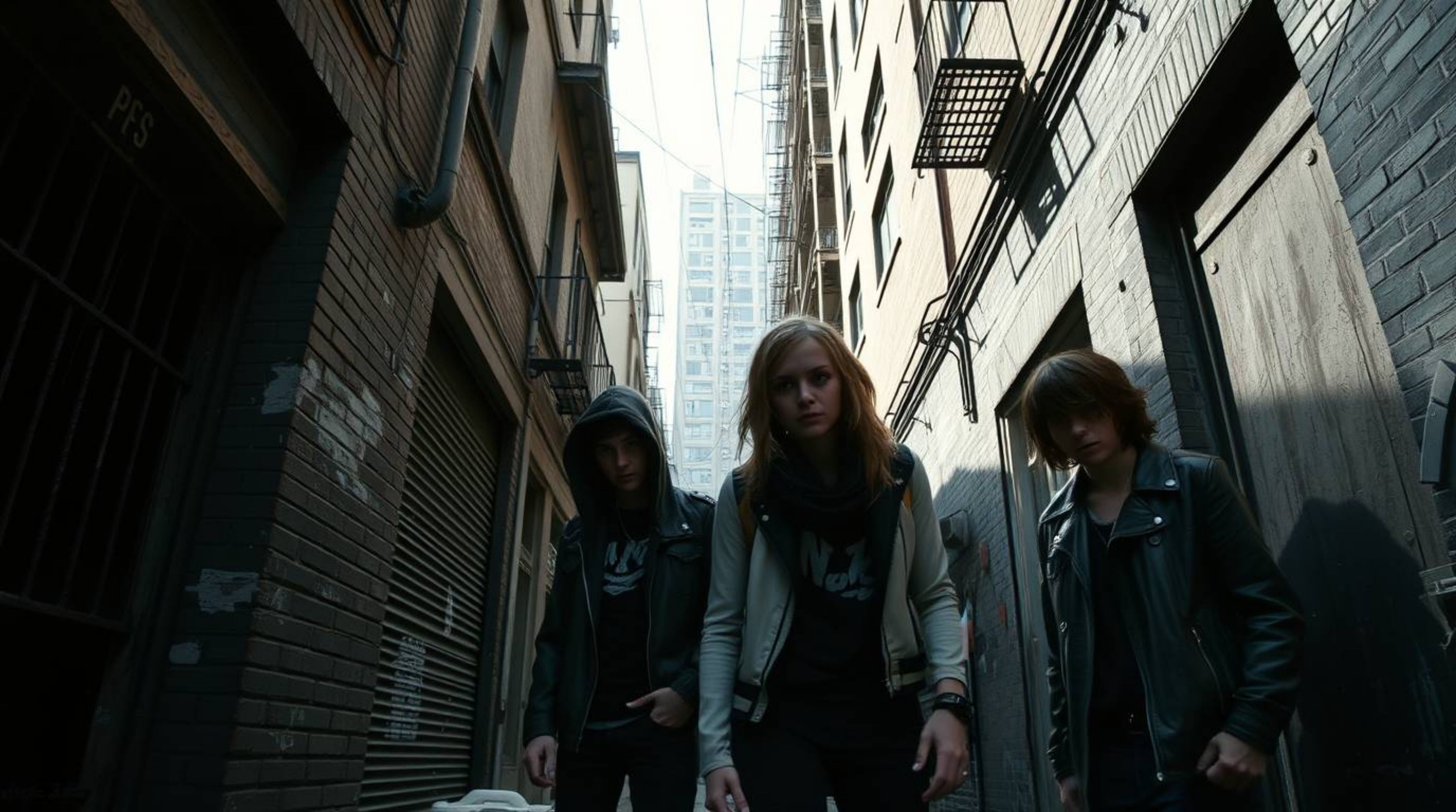 A captivating cinematic photograph depicts rebellious teens in a grungy city alley.  The image showcases a film-like composit