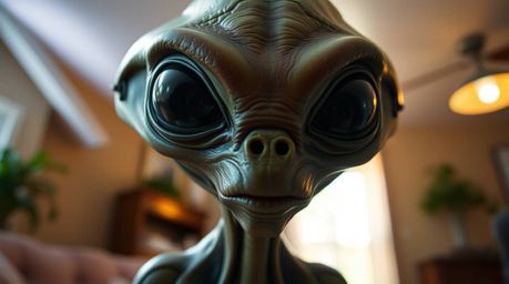 Explore an incredibly detailed extreme macro close-up of an alien seemingly at home in a typical suburban house.  The image i